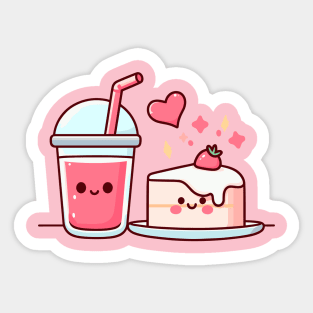 Design for Strawberry Lovers with a Kawaii Style Strawberry Cake and Drink | Cutesy Kawaii Sticker